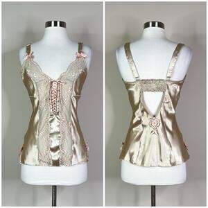 Vintage | Fruit De La Passion Y2K Satin Lace Mesh Lace Up Bow Lingerie Top XS